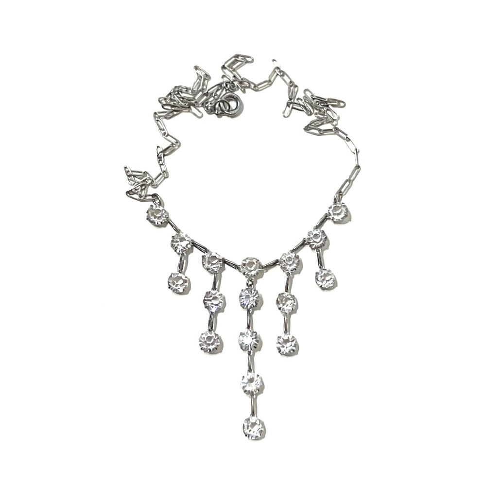 Vintage Sterling Silver Crystal Bib Waterfall Necklace